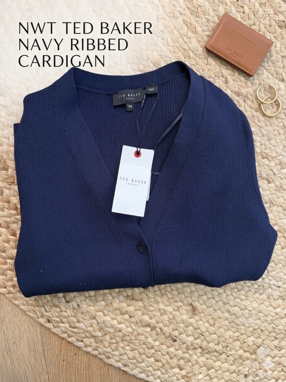 NWT Ted Baker London Navy Fine Ribbed V-Neck Cardigan Sweater Medium